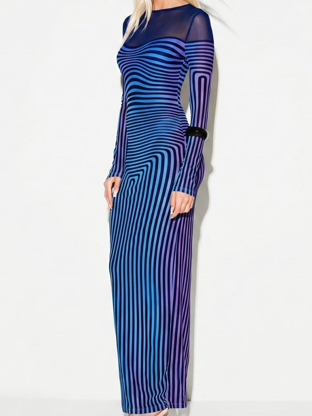 Blue Casual Women's Long Sleeve Bodycon Maxi Dress - Picture 4 of 5